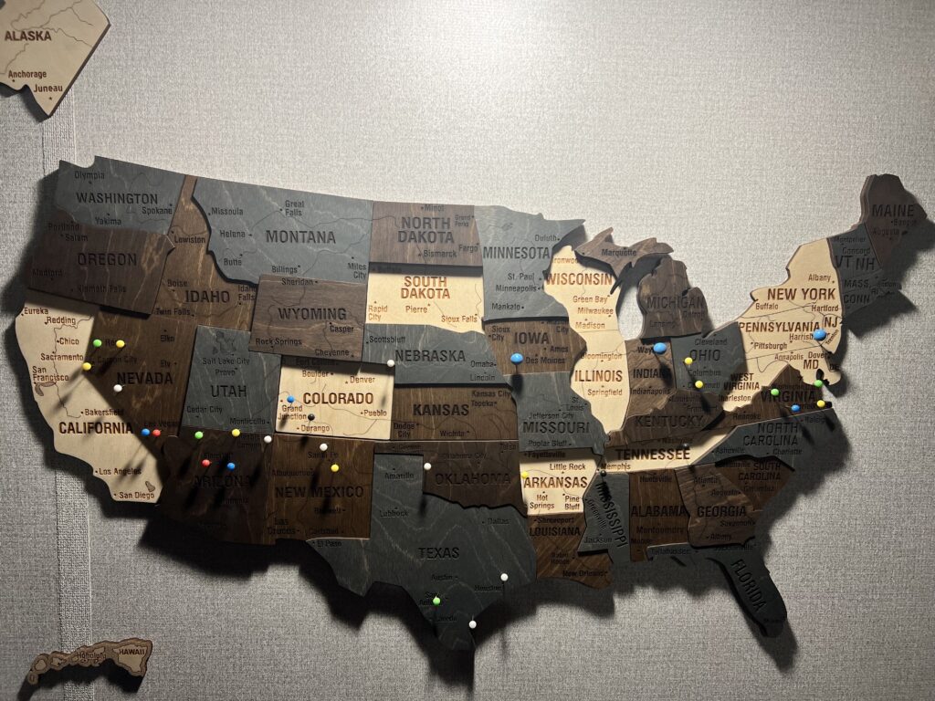 map with pins inserted to show where locations we have stayed boondocking and moochdocking

