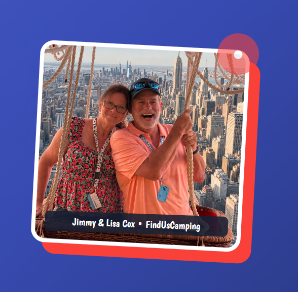 FindUsCamping media photo of Jimmy and Lisa Cox in a balloon basket with the New York City skyline behind them