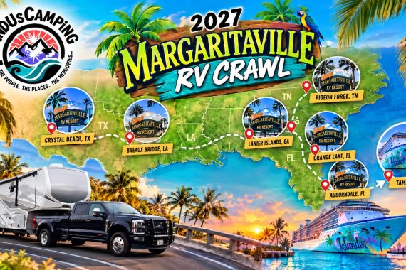 2027 FindUsCamping Margaritaville RV Crawl route map with 7 stops from Crystal Beach, Texas to a Tampa cruise