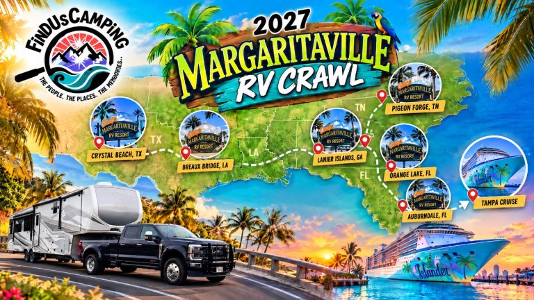2027 FindUsCamping Margaritaville RV Crawl route map with 7 stops from Crystal Beach, Texas to a Tampa cruise