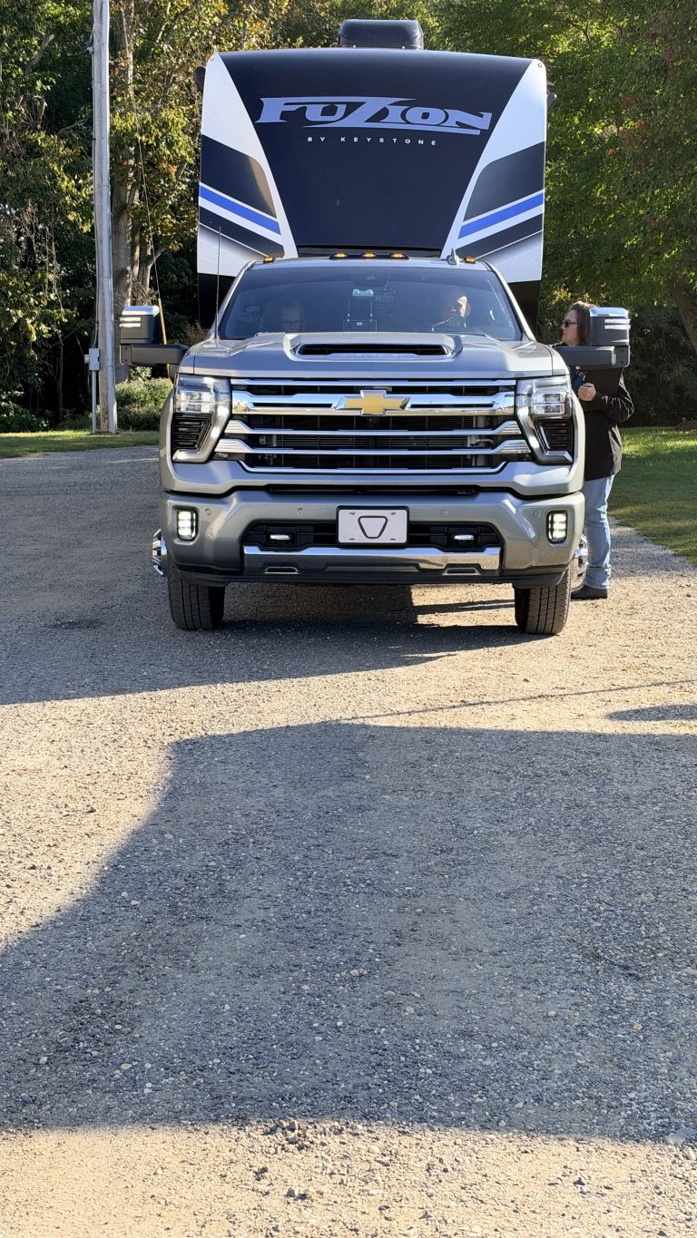 A FindUsCamping rig rolling into Suttler Post Clydesdale Farm for the 2026 Barn Party
