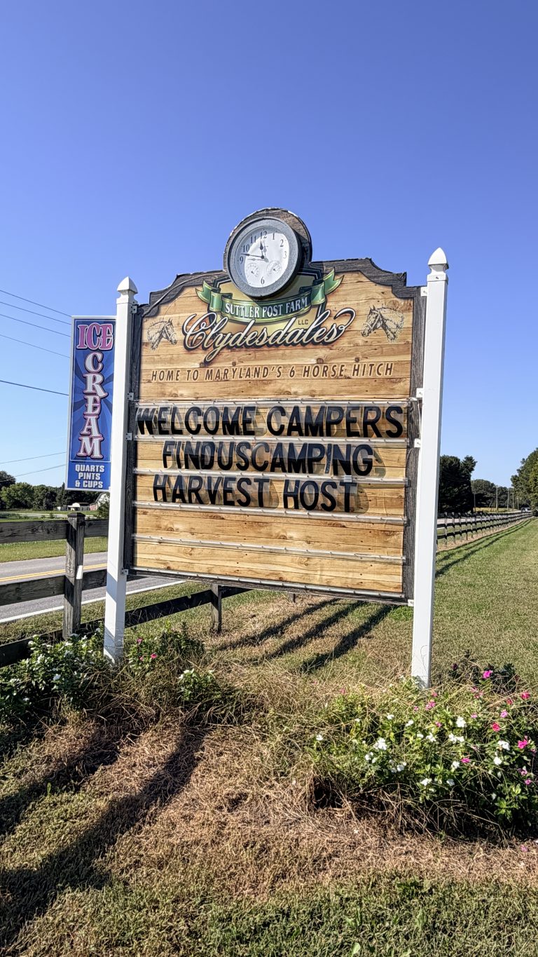 Welcome Campers! FindUsCamping Harvest Host sign at Suttler Post Clydesdale Farm
