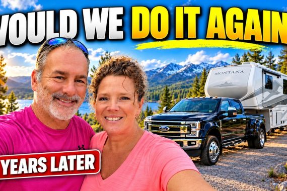 Jimmy and Lisa of FindUsCamping in front of their truck and fifth wheel asking if full-time RV living is still worth it