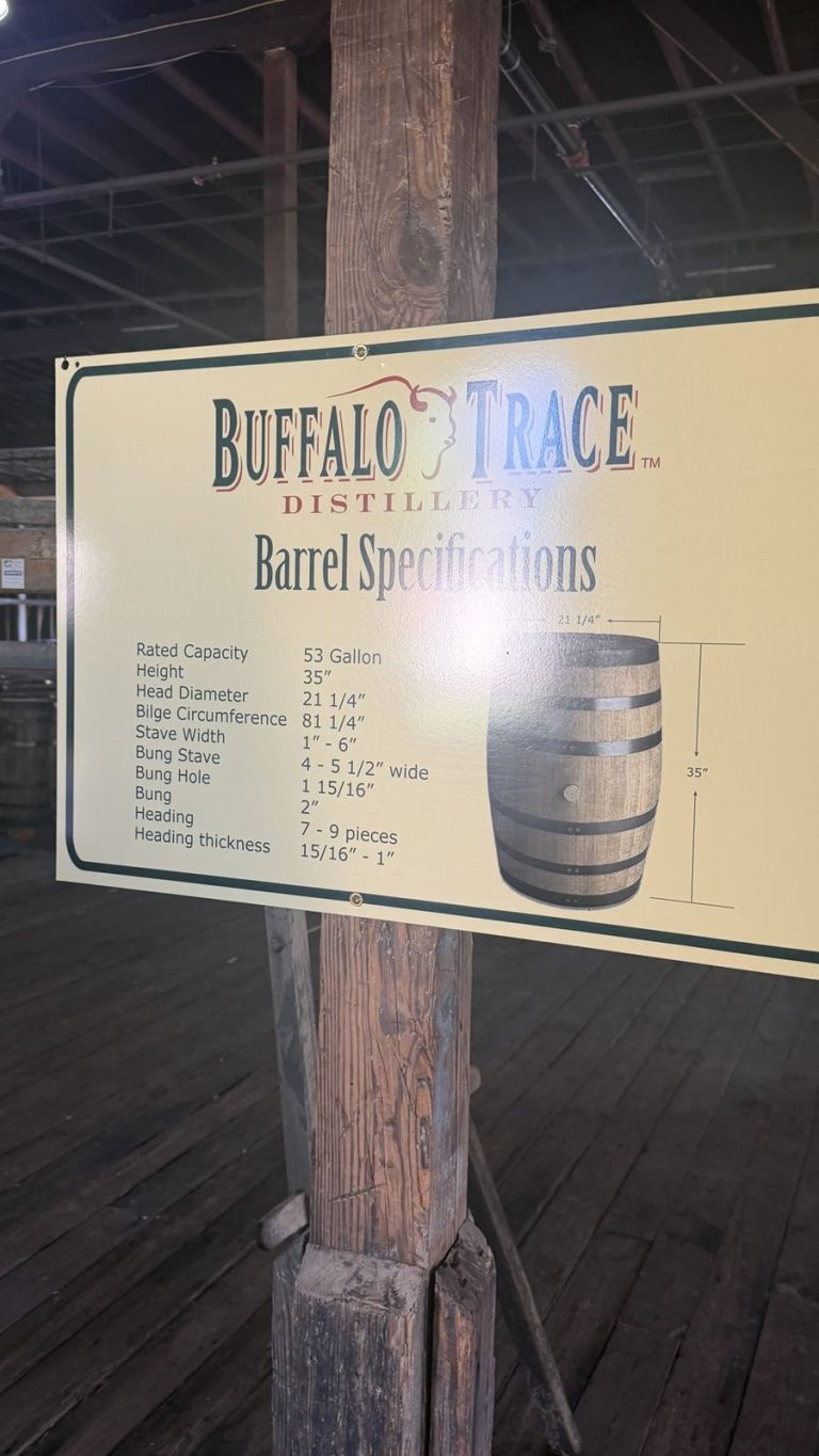 Buffalo Trace Distillery barrel specifications sign