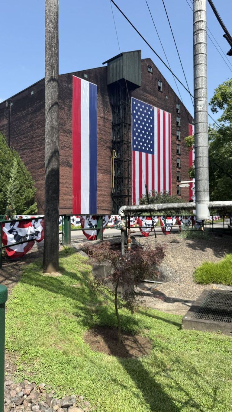 Buffalo Trace warehouse with American flags
