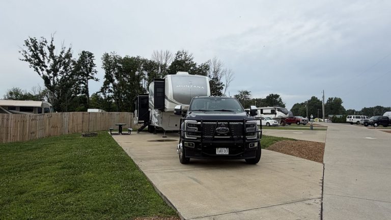 Montana fifth wheel and truck at the campsite