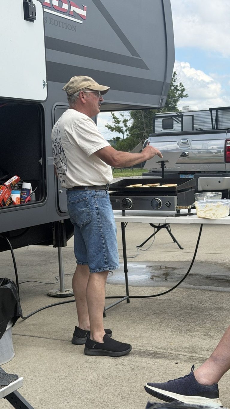 Pancake breakfast on the griddle at the campground