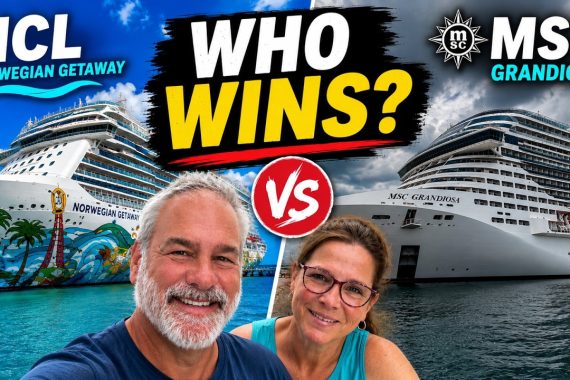 Jimmy and Lisa Cox comparing the MSC Grandiosa vs Norwegian Getaway cruise ships