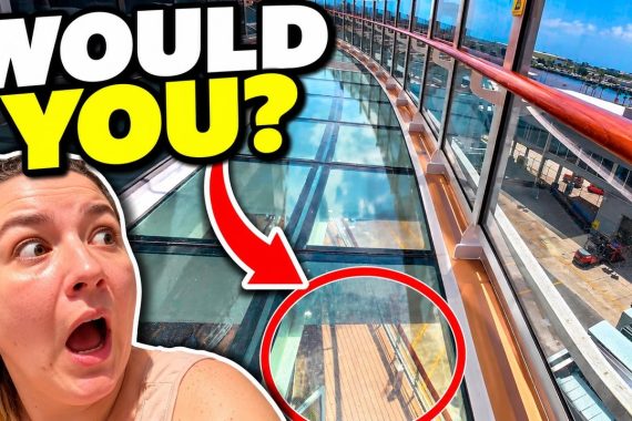 Scared face beside the glass walkway on our MSC Seashore Bahamas cruise